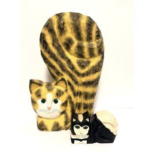 2 Folk Art Cats James Haddon Signed Hand Carved Wood Sculpture Glass Eyes 10.5”